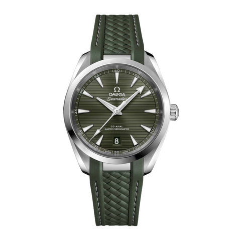Omega Seamaster Aqua Terra 150m 38mm-Omega Seamaster Aqua Terra 150m in a 38mm stainless steel case with green dial on rubber strap, featuring a date display and automatic movement.