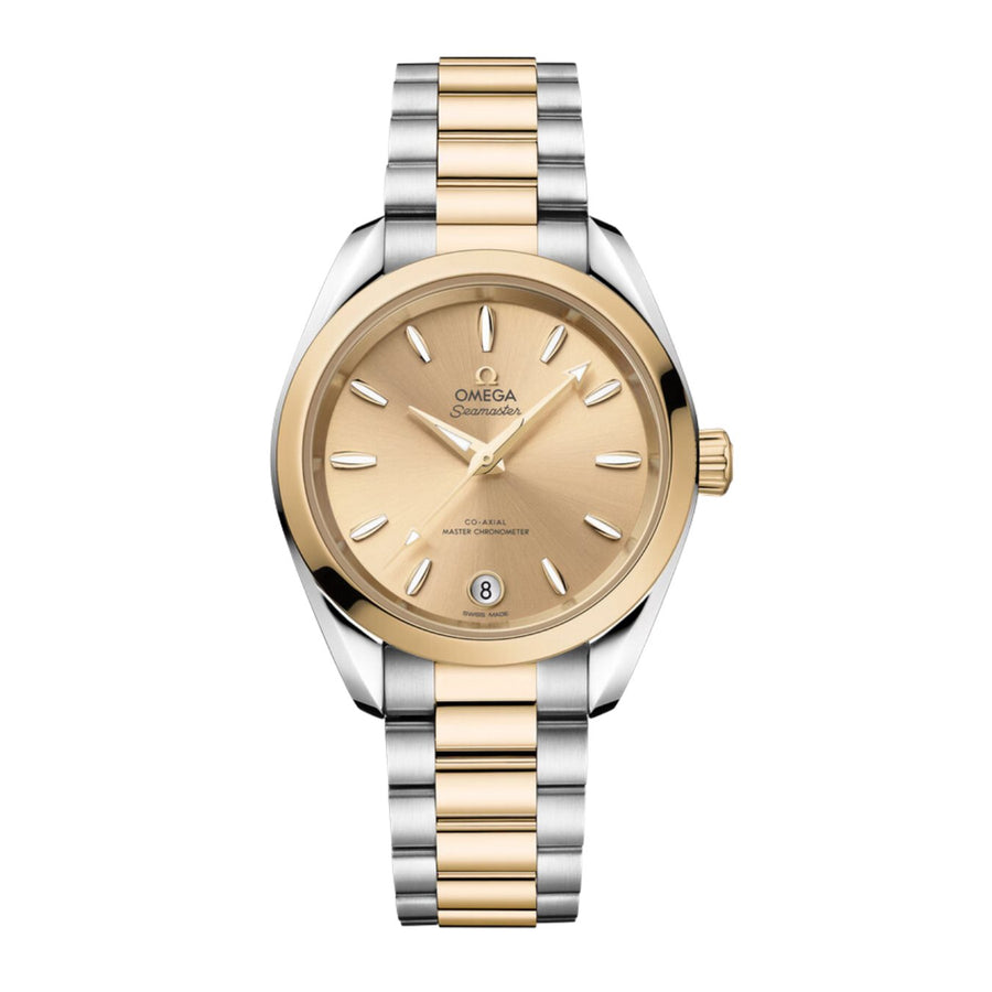 Omega Seamaster Aqua Terra Shades in a 34mm stainless steel/18K Moonshine gold case with Moonshine gold dial on stainless steel/18K Moonshine gold bracelet, featuring a date display and automatic movement.