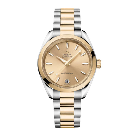 Omega Seamaster Aqua Terra Shades 34mm-Omega Seamaster Aqua Terra Shades in a 34mm stainless steel/18K Moonshine gold case with Moonshine gold dial on stainless steel/18K Moonshine gold bracelet, featuring a date display and automatic movement.