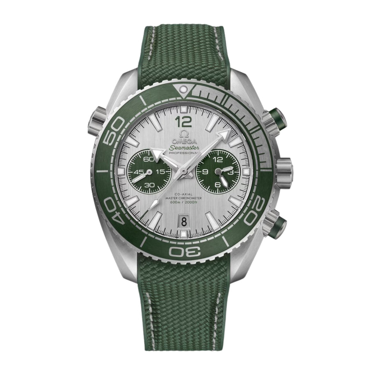 Omega Seamaster Planet Ocean 600m - 215.32.46.51.06.001 - Omega Seamaster Planet Ocean 600m in a 45mm brushed stainless steel case with grey dial on green rubber strap, featuring a chronograph function, date display and automatic movement.