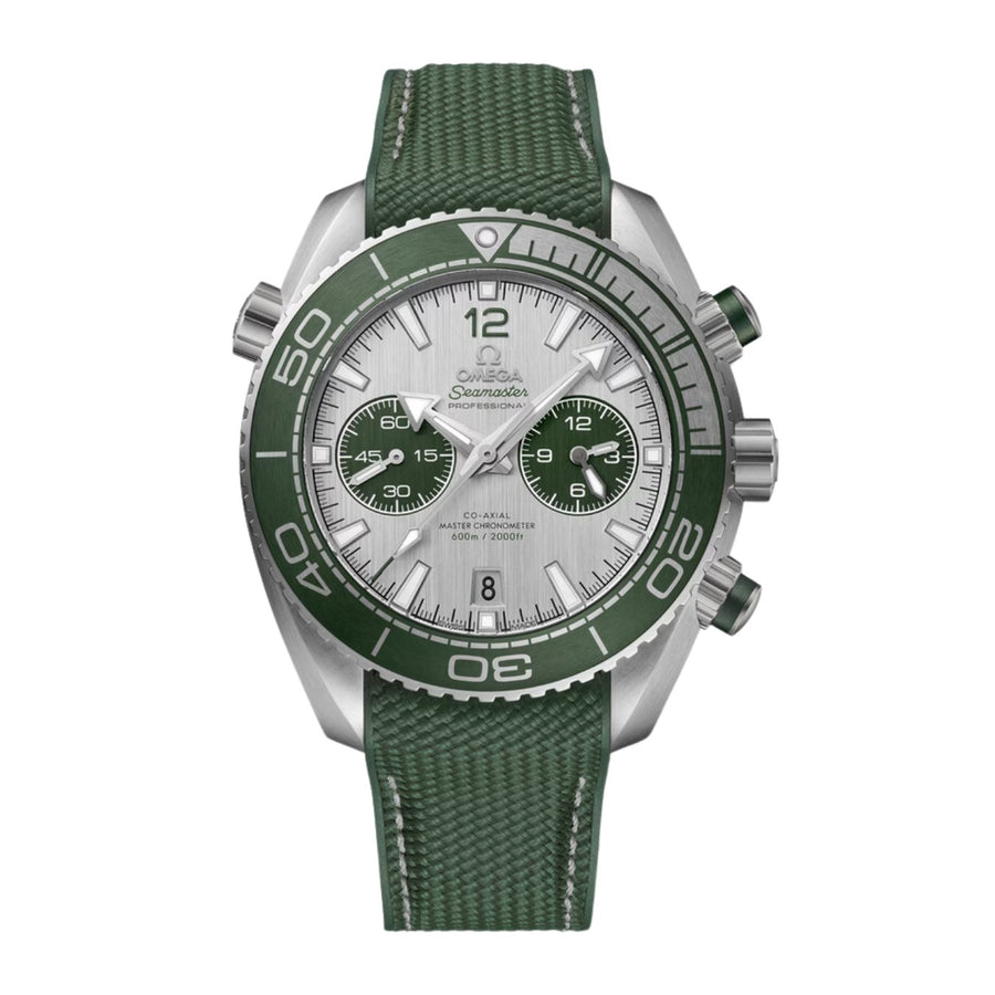 Omega Seamaster Planet Ocean 600m - 215.32.46.51.06.001 - Omega Seamaster Planet Ocean 600m in a 45mm brushed stainless steel case with grey dial on green rubber strap, featuring a chronograph function, date display and automatic movement.