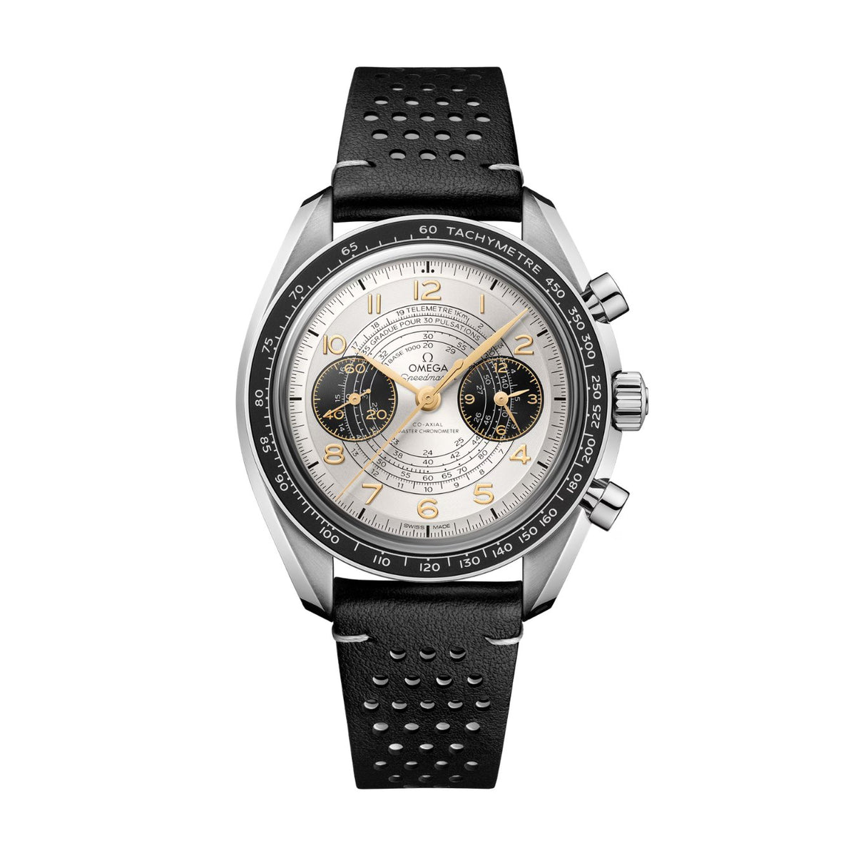Omega Speedmaster Chronoscope in a 43mm stainless steel case with silver dial on black leather strap, featuring a chronograph function, a tachymeter scale, pulsometer scale, and a telemeter scale.