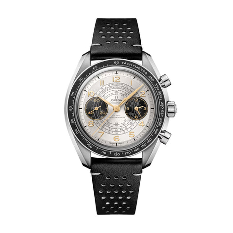 Omega Speedmaster Chronoscope in a 43mm stainless steel case with silver dial on black leather strap, featuring a chronograph function, a tachymeter scale, pulsometer scale, and a telemeter scale.