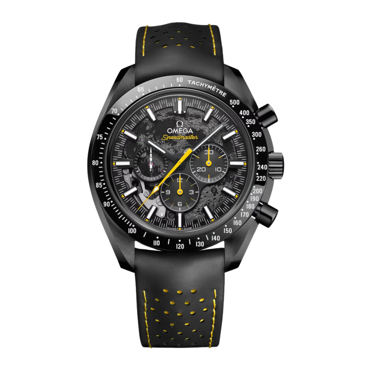 Omega Speedmaster Dark Side Of The Moon - 310.92.44.50.01.001 -- Omega Speedmaster Dark Side Of The Moon in a 44.25mm black ceramic case with skeletonized dial on leather strap, featuring a chronograph function and mechanical hand-wound movement.