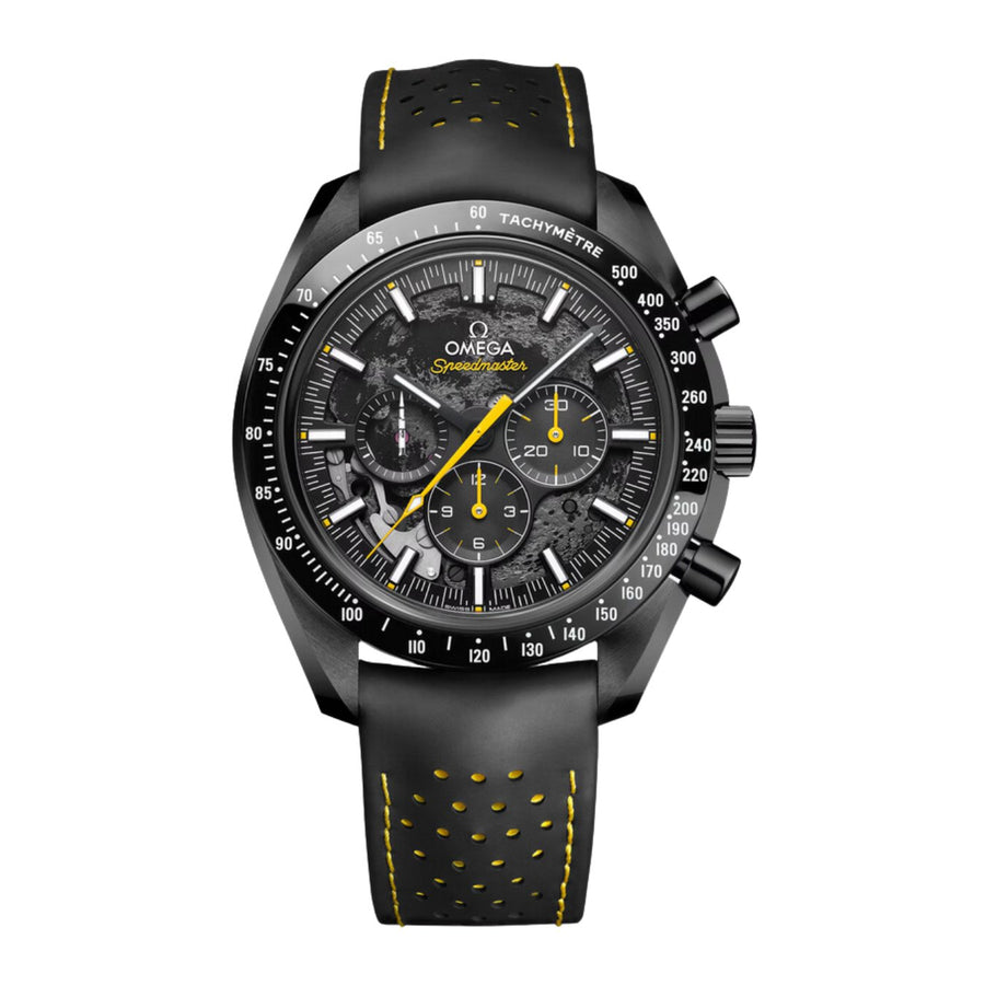 Omega Speedmaster Dark Side Of The Moon - 310.92.44.50.01.001 -- Omega Speedmaster Dark Side Of The Moon in a 44.25mm black ceramic case with skeletonized dial on leather strap, featuring a chronograph function and mechanical hand-wound movement.