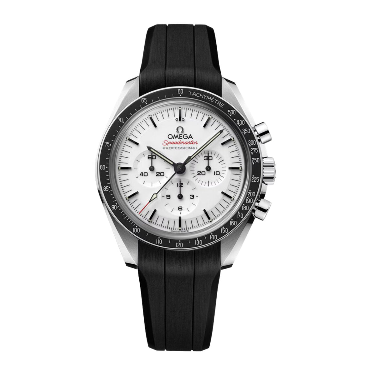 Omega Speedmaster Moonwatch Professional - 310.32.42.50.04.001 - Omega Speedmaster Moonwatch Professional in a 42mm stainless steel case with white lacquered dial on black rubber strap, featuring a chronograph function and mechanical hand-wound movement.
