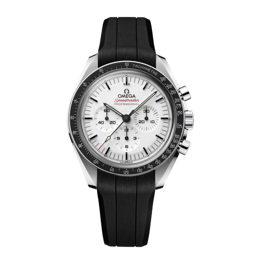 Omega Speedmaster Moonwatch Professional - 310.32.42.50.04.001 - Omega Speedmaster Moonwatch Professional in a 42mm stainless steel case with white lacquered dial on black rubber strap, featuring a chronograph function and mechanical hand-wound movement.