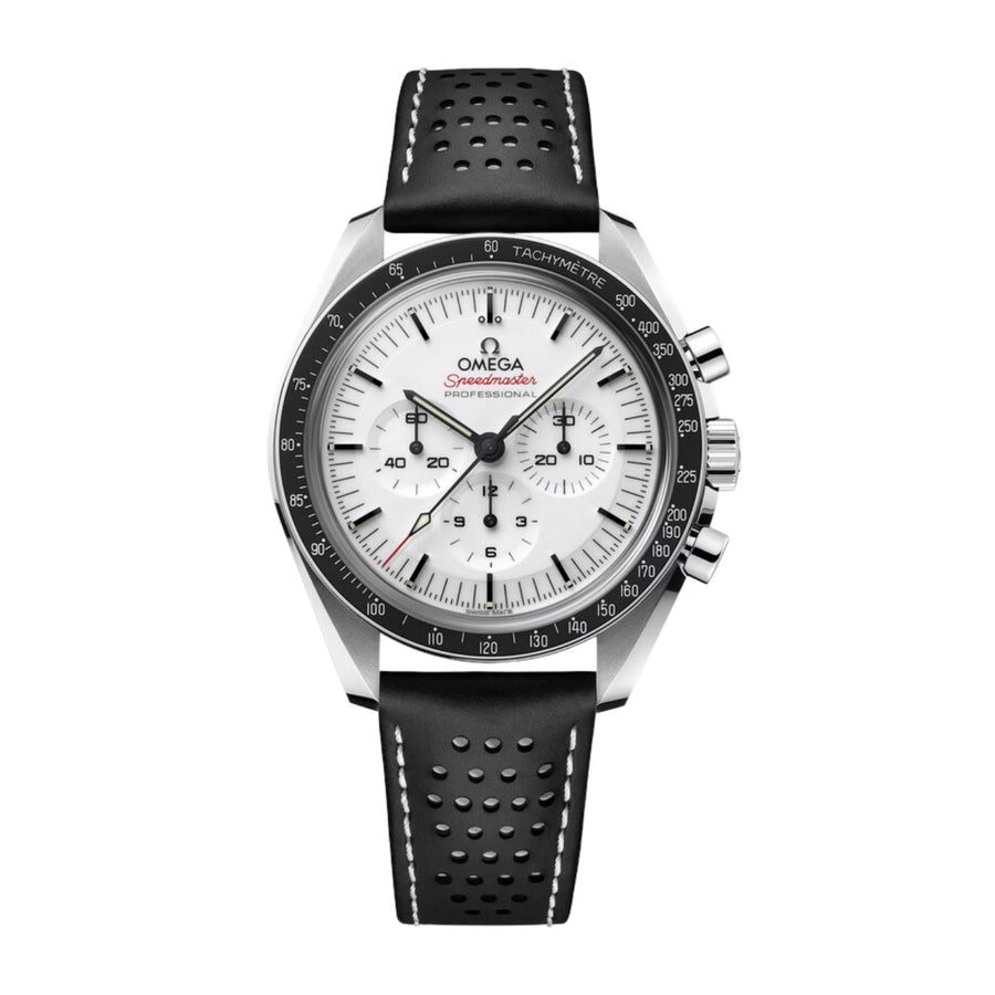 Omega Speedmaster Moonwatch Professional - 310.32.42.50.04.002 - Omega Speedmaster Moonwatch Professional in a 42mm stainless steel case with white dial on leather strap, featuring a chronograph function and mechanical hand-wound movement.