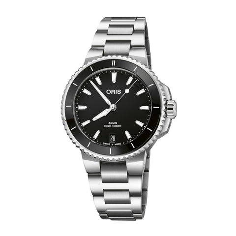 Oris Aquis Date-Oris Aquis Date - 01 733 7792 4154-07 8 19 05P - Oris Aquis Date in a 36mm stainless steel case, black dial. Date display. Automatic movement, power reserve of 38 hours. Water resistance of 30 bar. Stainless steel bracelet.