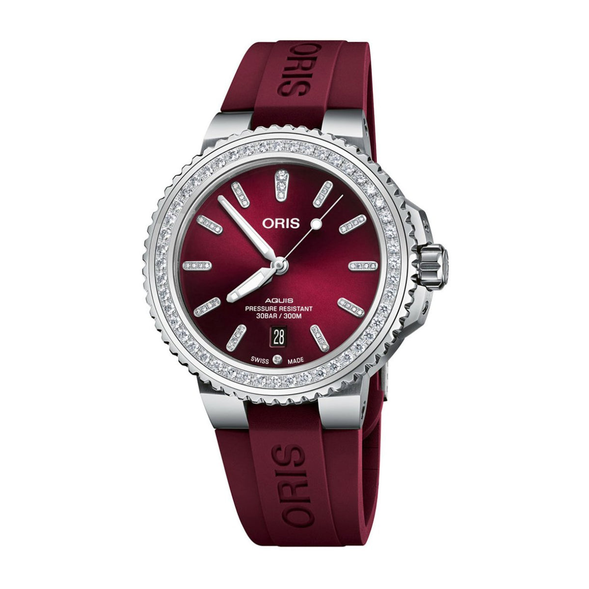 Oris Aquis Date Diamonds - 01 733 7766 4998-07 4 22 68FC - Oris Aquis Date Diamonds in a 41mm stainless steel case with diamond bezel, red-dial. Water resistance of 30 bar. Automatic movement, power reserve of 38 hours. Date display. Rubber strap.