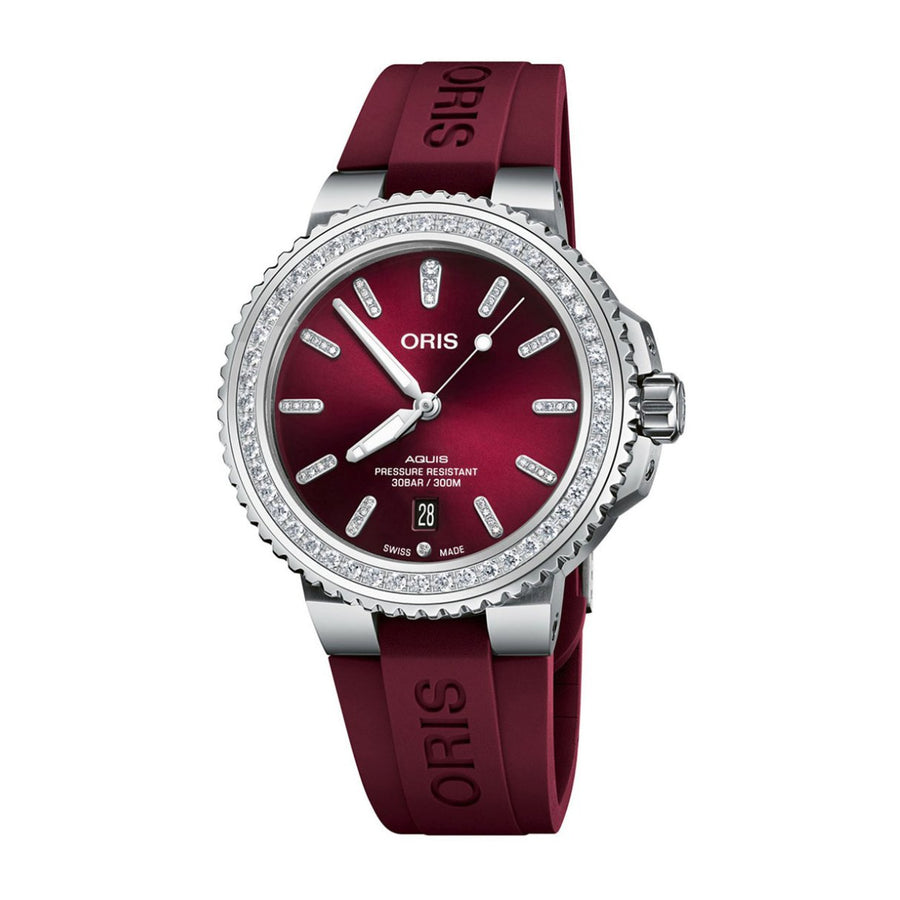 Oris Aquis Date Diamonds - 01 733 7766 4998-07 4 22 68FC - Oris Aquis Date Diamonds in a 41mm stainless steel case with diamond bezel, red-dial. Water resistance of 30 bar. Automatic movement, power reserve of 38 hours. Date display. Rubber strap.