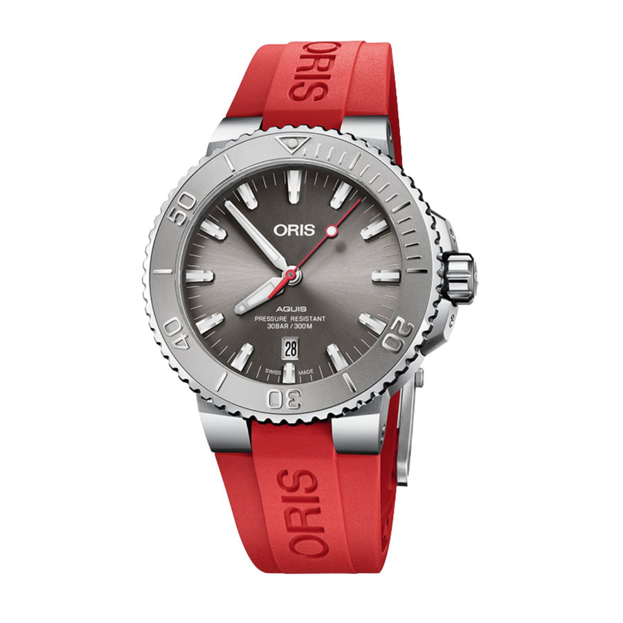 Oris Aquis Date Relief - 01 733 7730 4153-07 4 24 66EB - Oris Aquis Date Relief in a 43mm stainless steel case, grey dial. Date display. Automatic movement, power reserve of 38 hours. Water resistance of 30 bar. Rubber strap