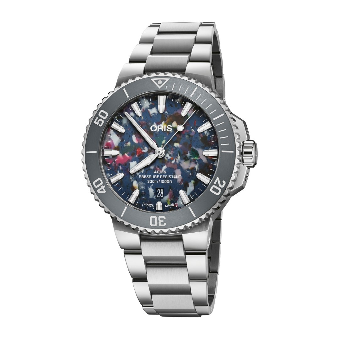 Oris Aquis Date Upcycle - 01 733 7787 4150-07 8 22 04PEB - Oris Aquis Date Upcycle in a 41mm stainless steel case with multi-colored dial on stainless steel bracelet, featuring a date display and automatic movement with up to 38 hours of power reserve.