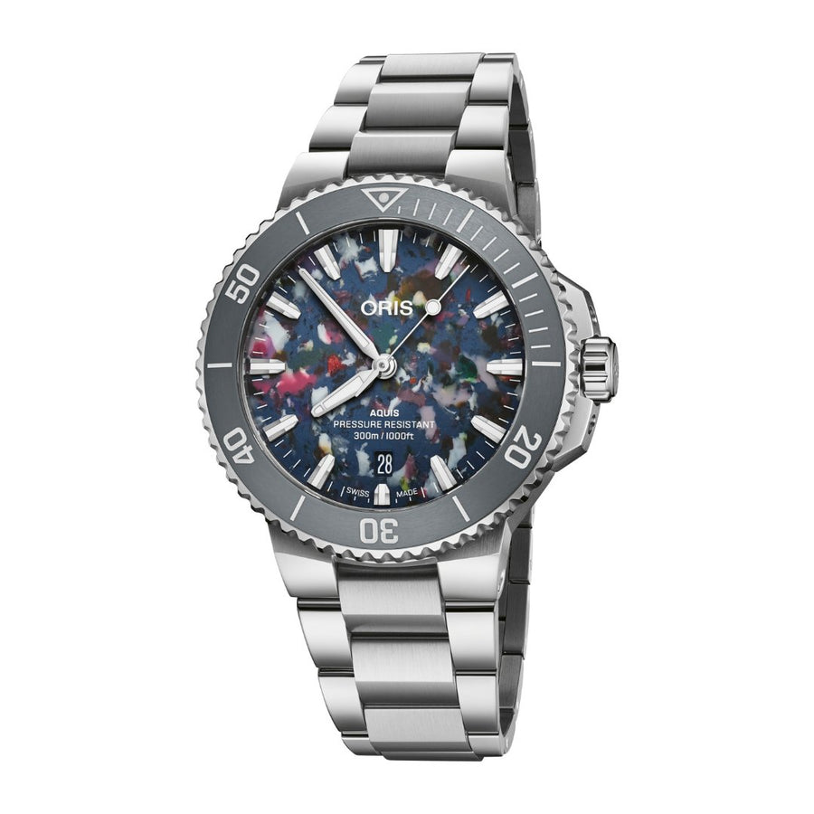 Oris Aquis Date Upcycle - 01 733 7787 4150-07 8 22 04PEB - Oris Aquis Date Upcycle in a 41mm stainless steel case with multi-colored dial on stainless steel bracelet, featuring a date display and automatic movement with up to 38 hours of power reserve.