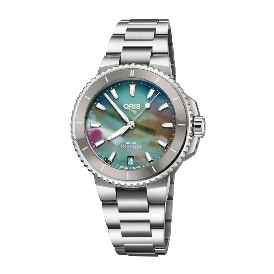 Oris Aquis Date Upcycle - 01 733 7792 4150-07 8 19 05P - Oris Aquis Date Upcycle in a 36mm stainless steel case, multi-colored dial. Date display. Automatic movement, power reserve of 38 hours. Water resistance of 30 bar. Stainless steel bracelet