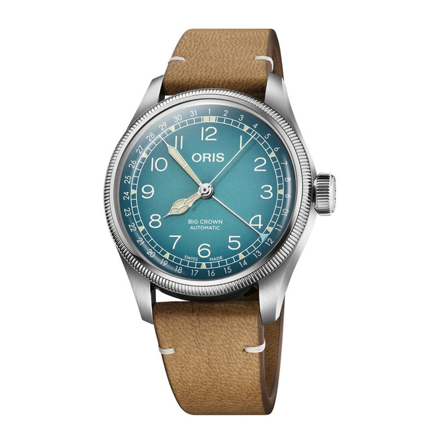 Oris Big Crown Oris X Cervo Volante - 01 754 7779 4065-Set - Oris Big Crown Oris X Cervo Volante in a 38mm stainless steel case, blue dial. Water resistance of 5 bar. Automatic movement, power reserve of 38 hours. Leather strap.