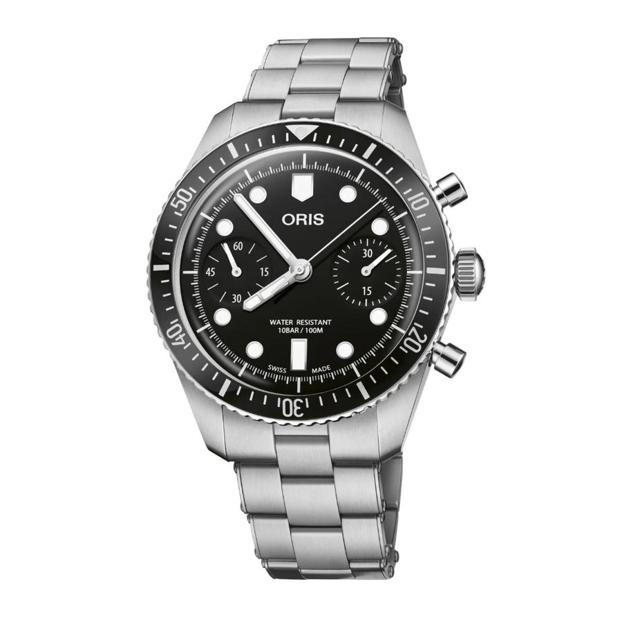 Oris Divers Sixty-Five Chronograph - 01 771 7791 4054-07 8 20 18 - Oris Divers Sixty-Five Chronograph in a 40mm stainless steel case, black dial. Chronograph. Automatic movement, power reserve of 48 hours. Water resistance of 10 bar. Stainless steel bracelet