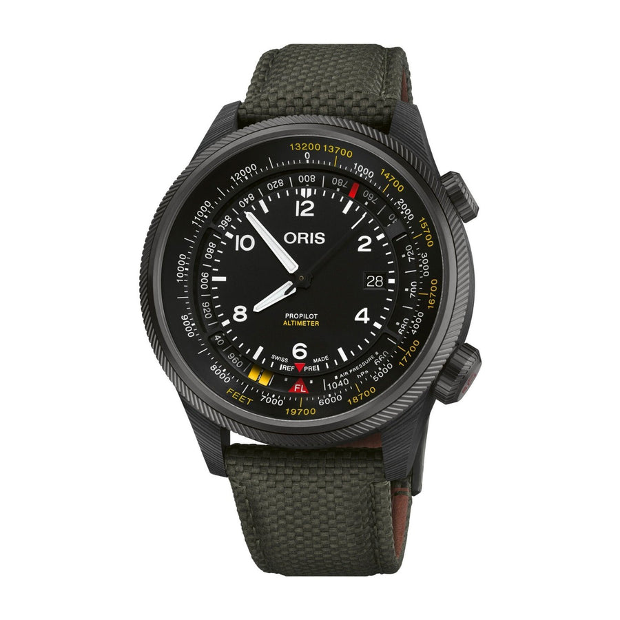 Oris PriPilot Altimeter - 01 793 7775 8734-Set - Oris PriPilot Altimeter in a 47mm titanium case, grey PVD plated. Black dial. Date display. Automatic movement, power reserve of 56 hours. Water resistance of 10 bar. Textile strap.&nbsp;