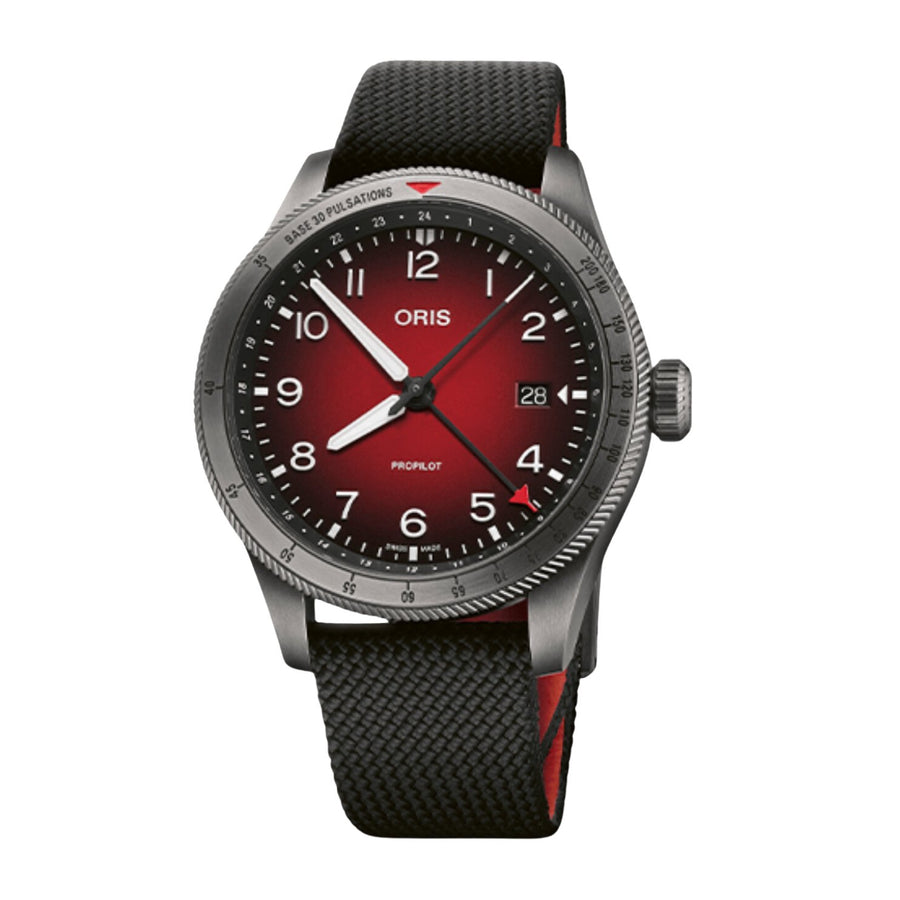 Oris ProPilot GMT - 01 798 7773 4268-07 3 20 14GLC - Oris ProPilot GMT in a 41mm stainless steel case, grey PVD plated, pulsation scale top ring. Red dial. Date display. Water resistance of 10 bar. Textile strap