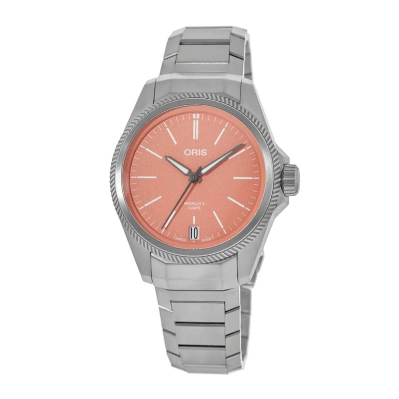 Oris ProPilot X Calibre 400-Oris ProPilot X Calibre 400 - 01 400 7778 7158-07 7 20 01TLC - 39mm Multi-piece titanium case.Sapphire, domed on both sides, anti-reflective coating inside. Titanium, screwed, see-through sapphire glass.Water resistance of 10 bar. Automatic winding movement, power reserve of 120 hours. Red dial. Titanium bracelet