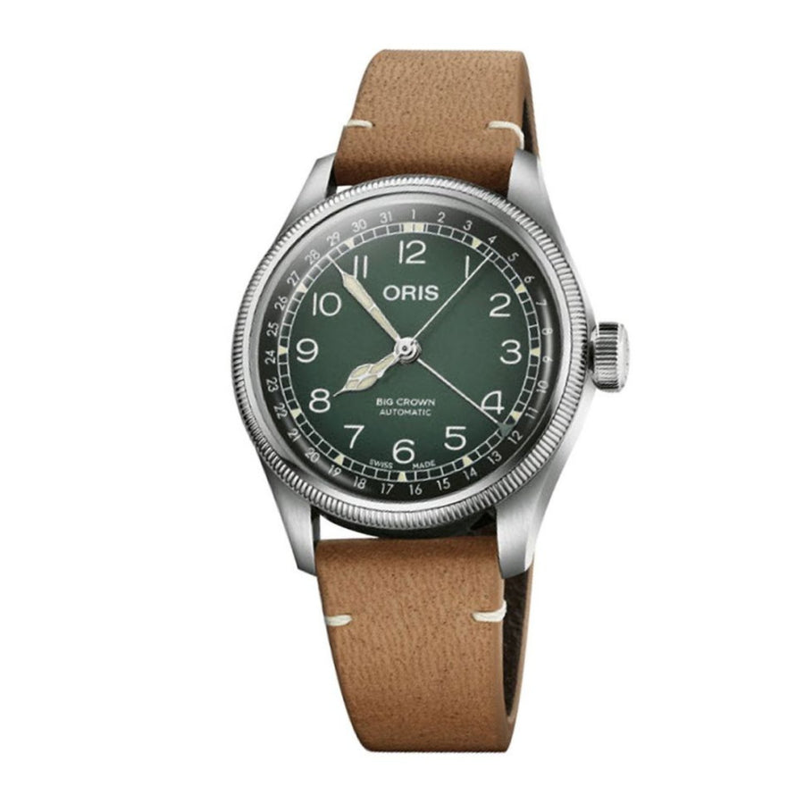 Oris x Cervo Volante Big Crown Pointer Date in a 38mm stainless steel with green dial on leather strap, featuring a date display and automatic movement.