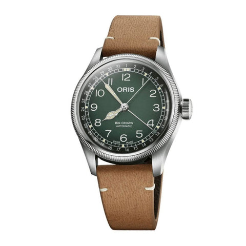 Oris x Cervo Volante Big Crown Pointer Date 38mm-Oris x Cervo Volante Big Crown Pointer Date in a 38mm stainless steel with green dial on leather strap, featuring a date display and automatic movement.