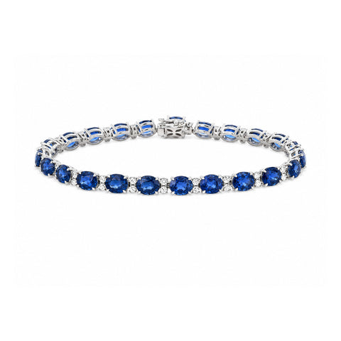 Oval Brilliant Cut Blue Sapphire and Diamond Accent Line Bracelet-Oval Brilliant Cut Blue Sapphire and Diamond Accent Line Bracelet
