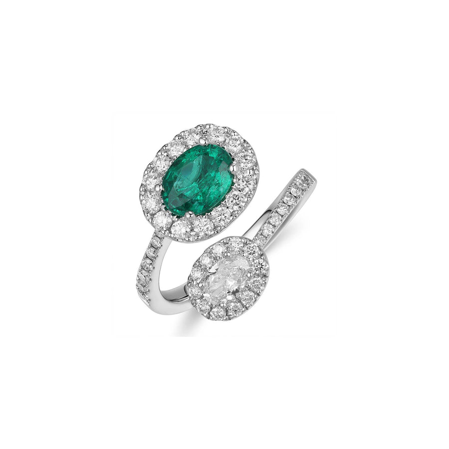 Oval Brilliant Cut Emerald and Oval Brilliant Cut Diamond Halo Bypass Ring - ERRTJ00133