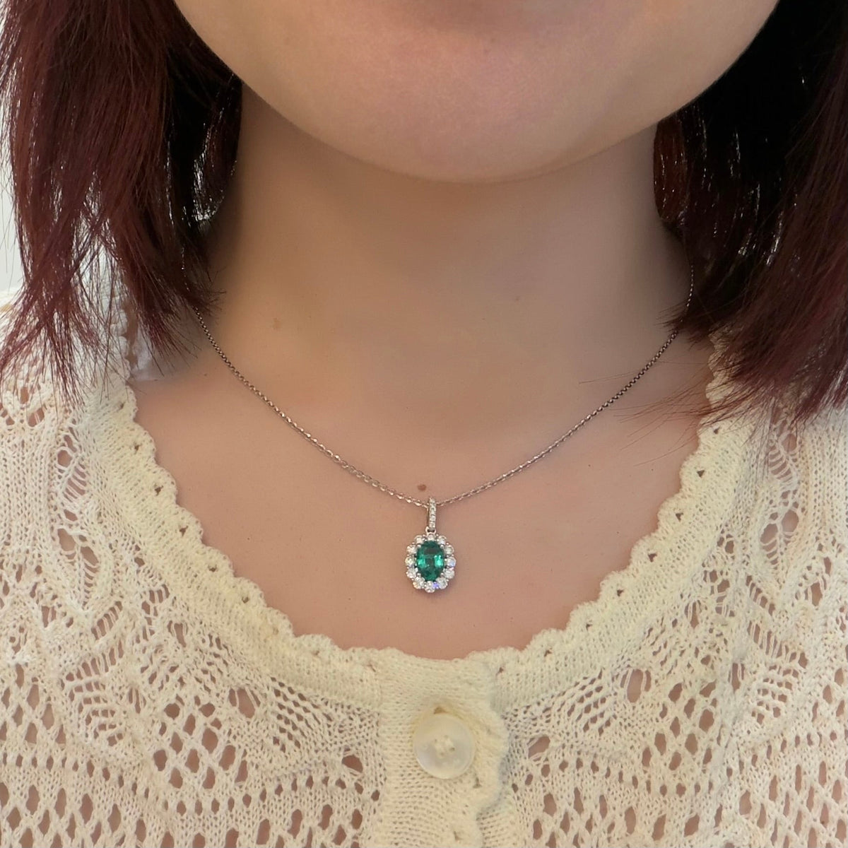 Oval Brilliant Cut Emerald Diamond Halo Pendant and Chain