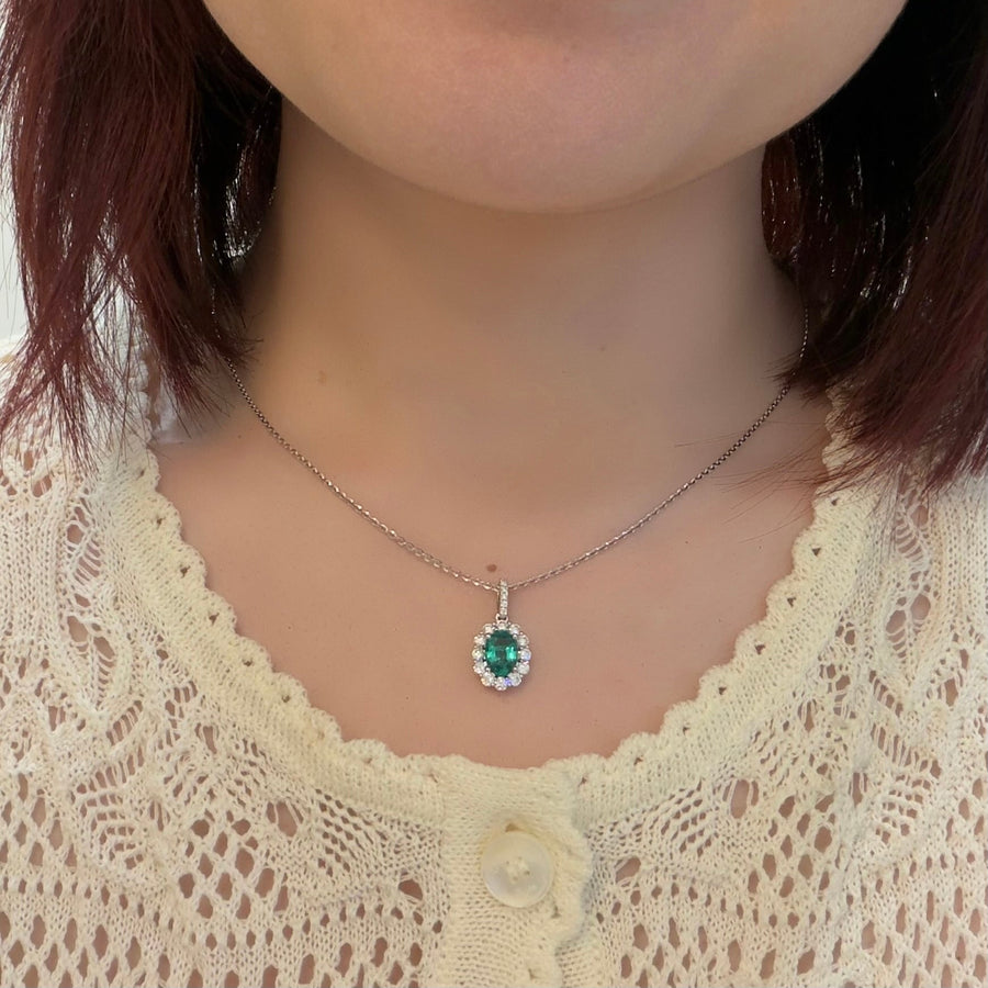 Oval Brilliant Cut Emerald Diamond Halo Pendant and Chain