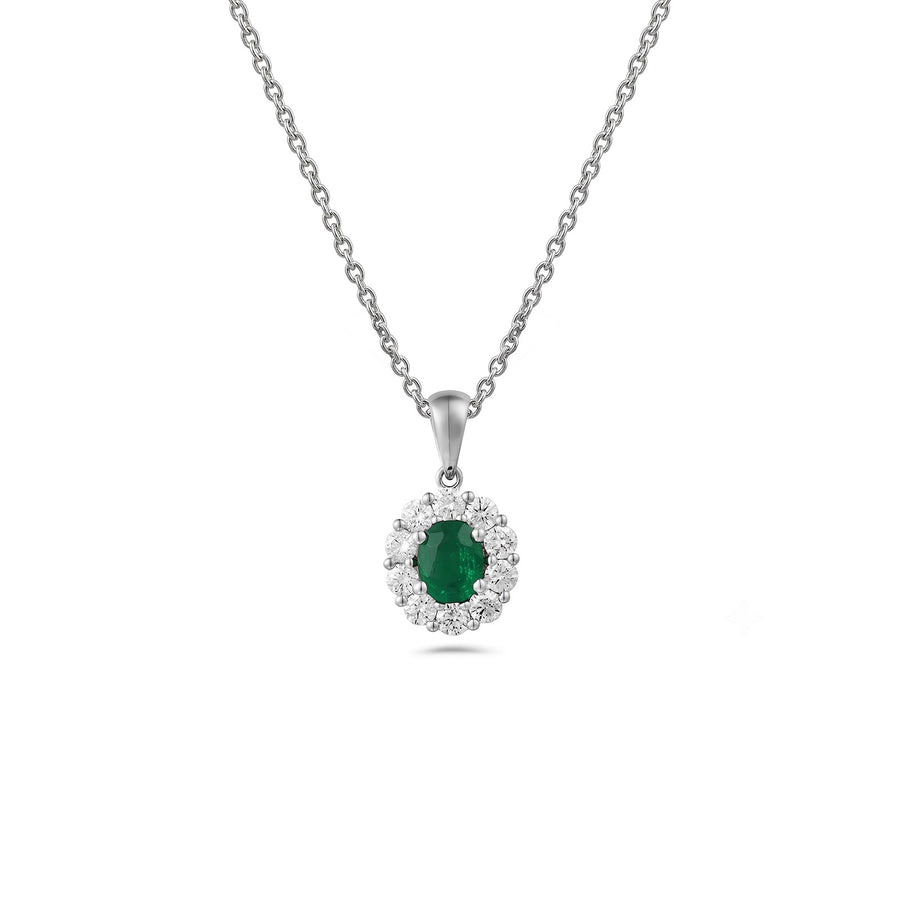 Oval Brilliant Cut Emerald Diamond Halo Pendant and Chain