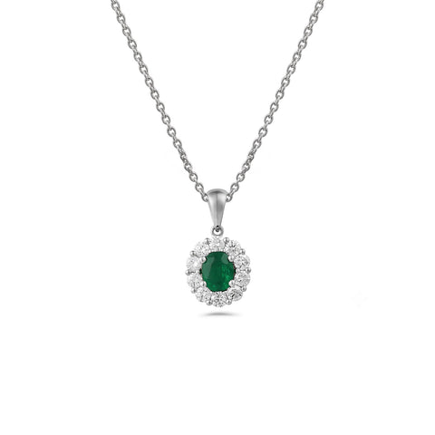 Oval Brilliant Cut Emerald Diamond Halo Pendant and Chain-Oval Brilliant Cut Emerald Diamond Halo Pendant and Chain