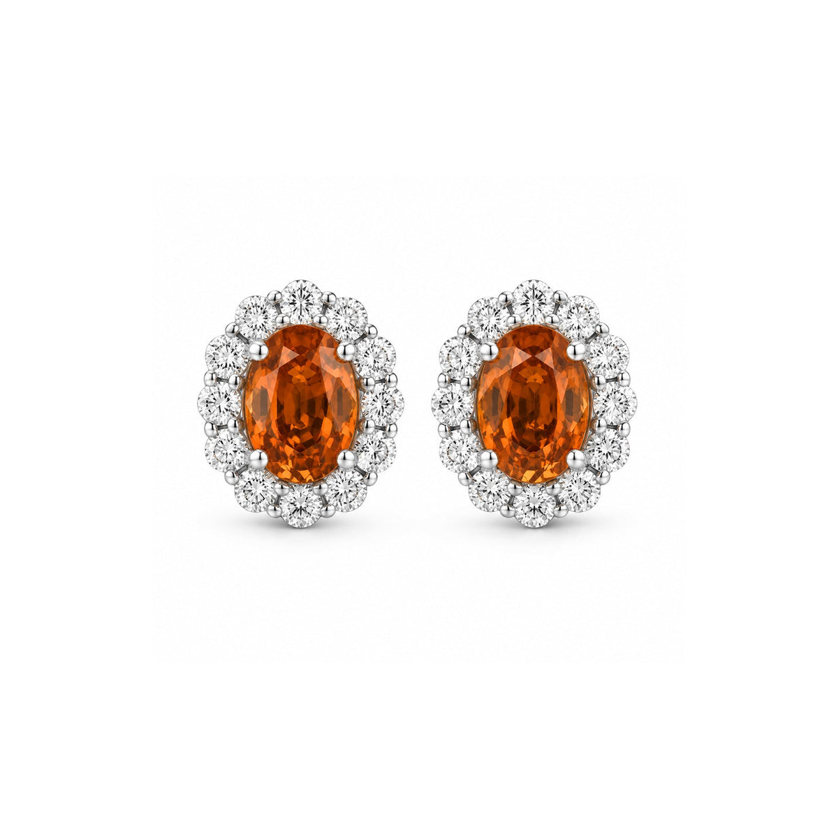 Oval Brilliant Cut Orange Sapphire Diamond Halo Earrings