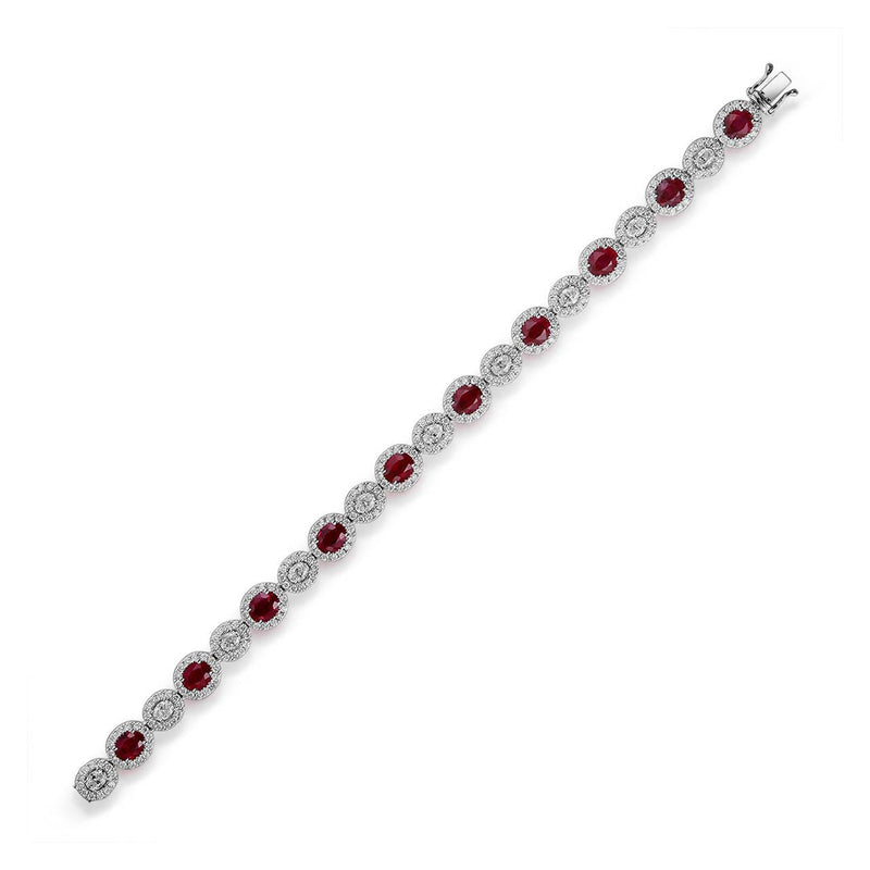 Oval Brilliant Cut Ruby and Diamond Alternating Halo Line Bracelet-Oval Brilliant Cut Ruby and Diamond Alternating Halo Line Bracelet - RBRTJ00109