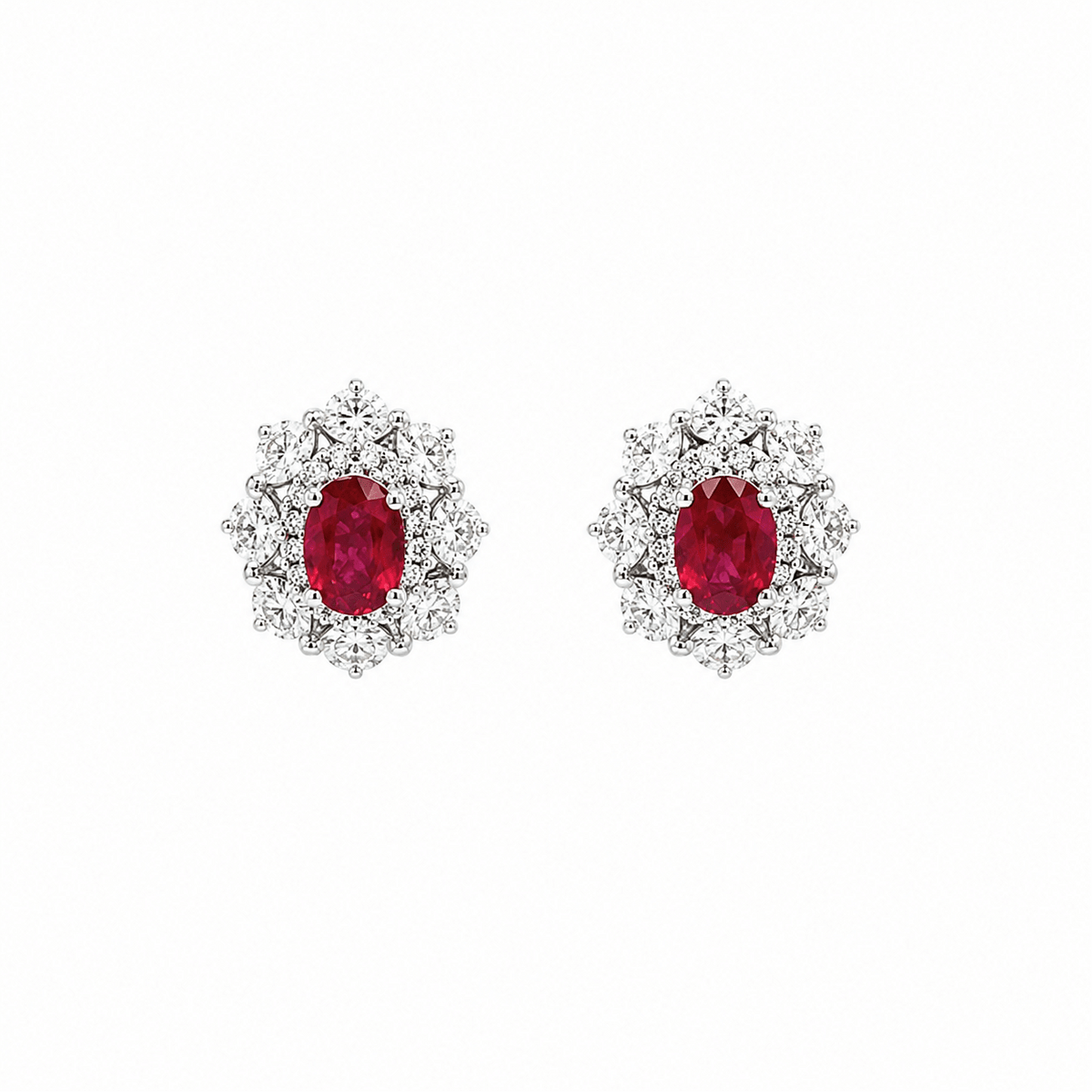 Oval Brilliant Cut Ruby and Diamond Cluster Stud Earrings