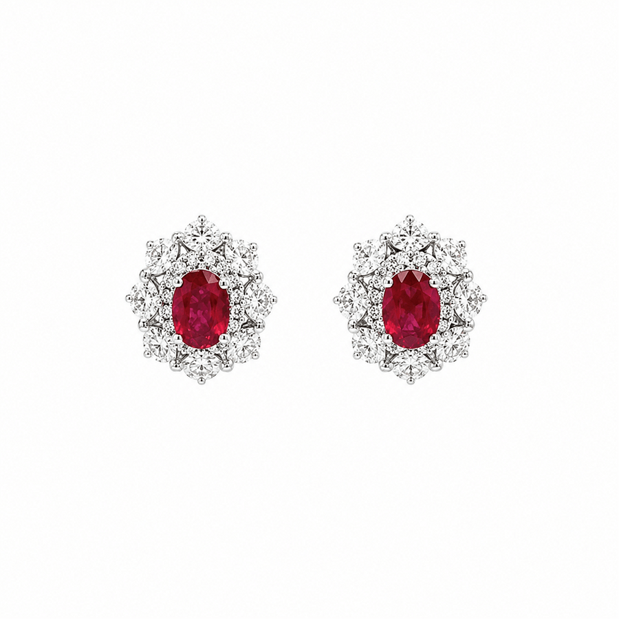 Oval Brilliant Cut Ruby and Diamond Cluster Stud Earrings