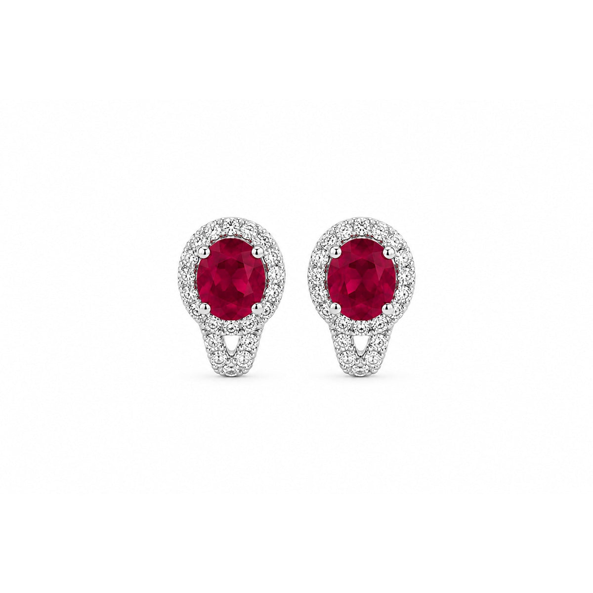 Oval Brilliant Cut Ruby and Diamond Halo Huggie Earrings