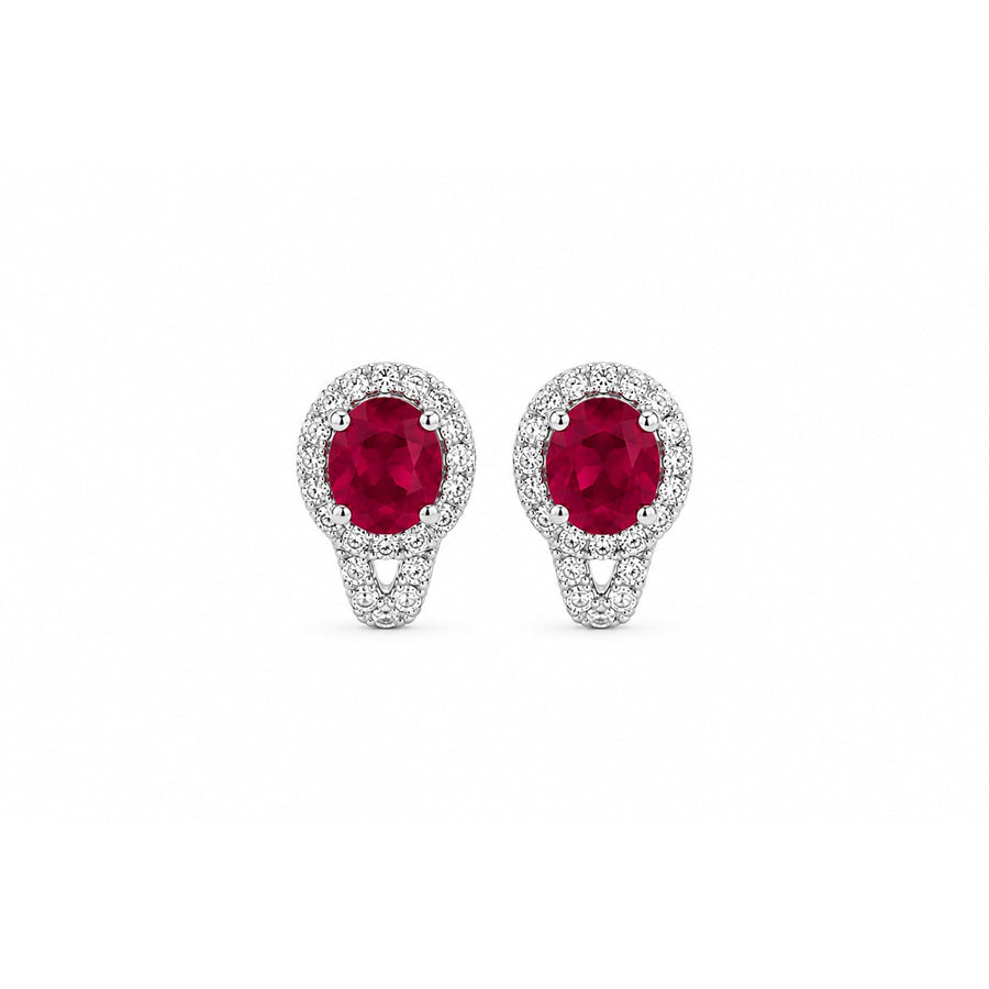Oval Brilliant Cut Ruby and Diamond Halo Huggie Earrings