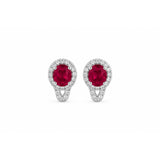 Oval Brilliant Cut Ruby and Diamond Halo Huggie Leverback Earrings-Oval Brilliant Cut Ruby and Diamond Halo Huggie Earrings