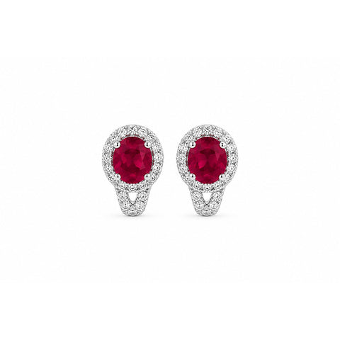 Oval Brilliant Cut Ruby and Diamond Halo Huggie Leverback Earrings-Oval Brilliant Cut Ruby and Diamond Halo Huggie Earrings