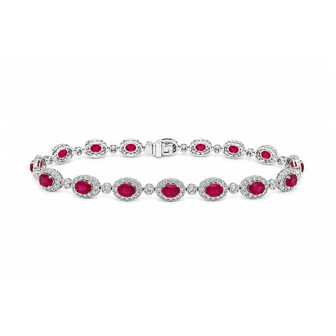Oval Brilliant Cut Ruby and Diamond Halo Station Bracelet-Oval Brilliant Cut Ruby and Diamond Halo Station Bracelet - RBEDW00141
