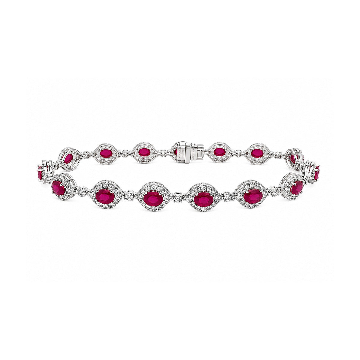Oval Brilliant Cut Ruby and Diamond Marquise-Halo Station Bracelet