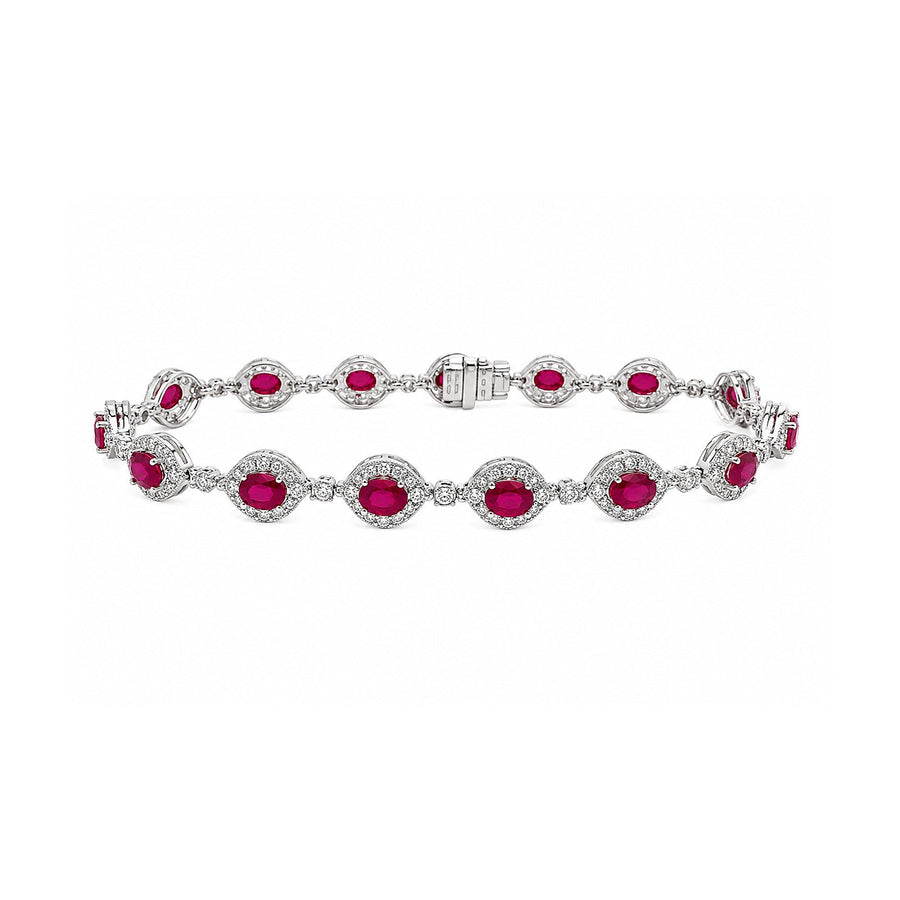 Oval Brilliant Cut Ruby and Diamond Marquise-Halo Station Bracelet