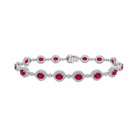 Oval Brilliant Cut Ruby and Diamond Marquise-Halo Station Bracelet-Oval Brilliant Cut Ruby and Diamond Marquise-Halo Station Bracelet