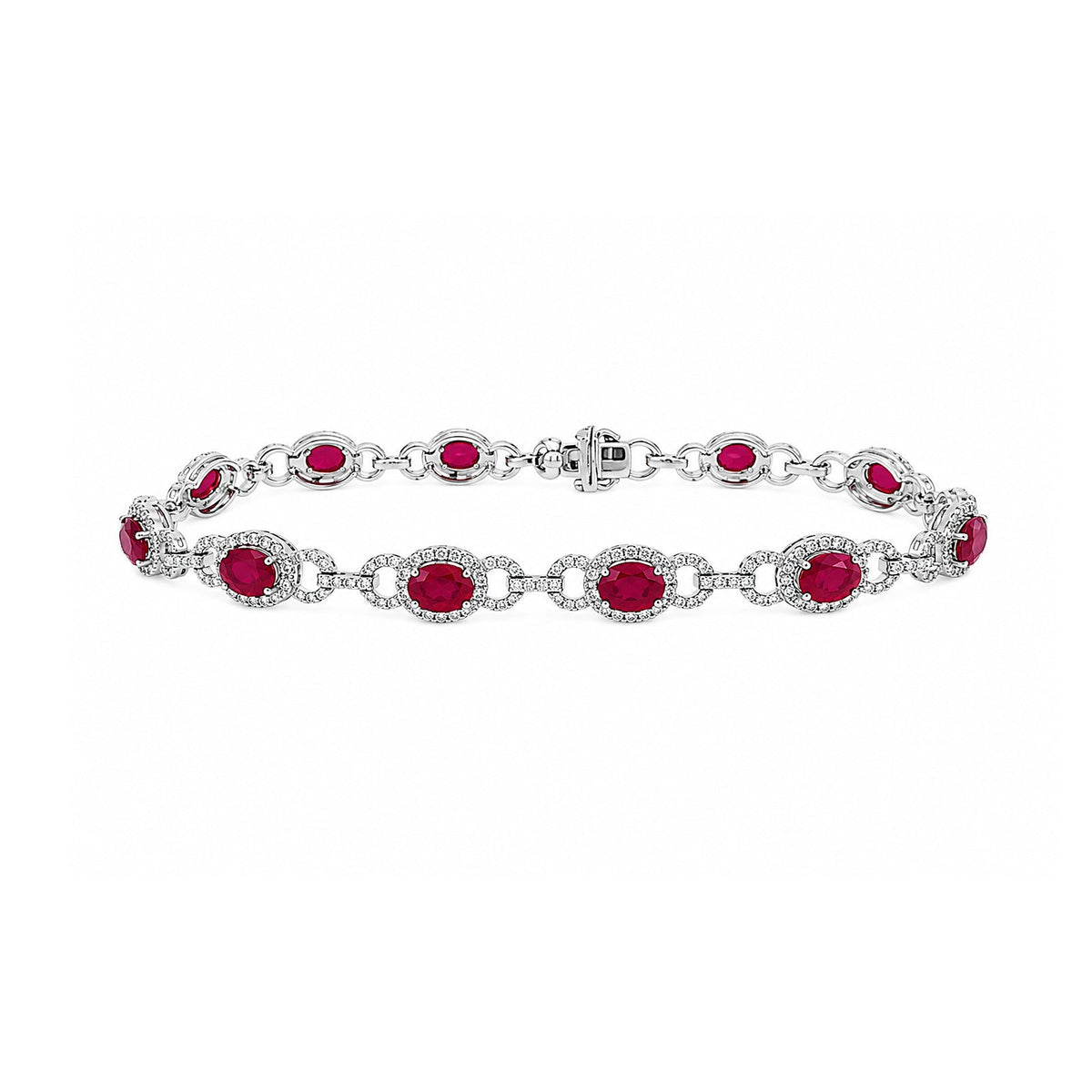 Oval Brilliant Cut Ruby and Diamond Open-Link Halo Line Bracelet