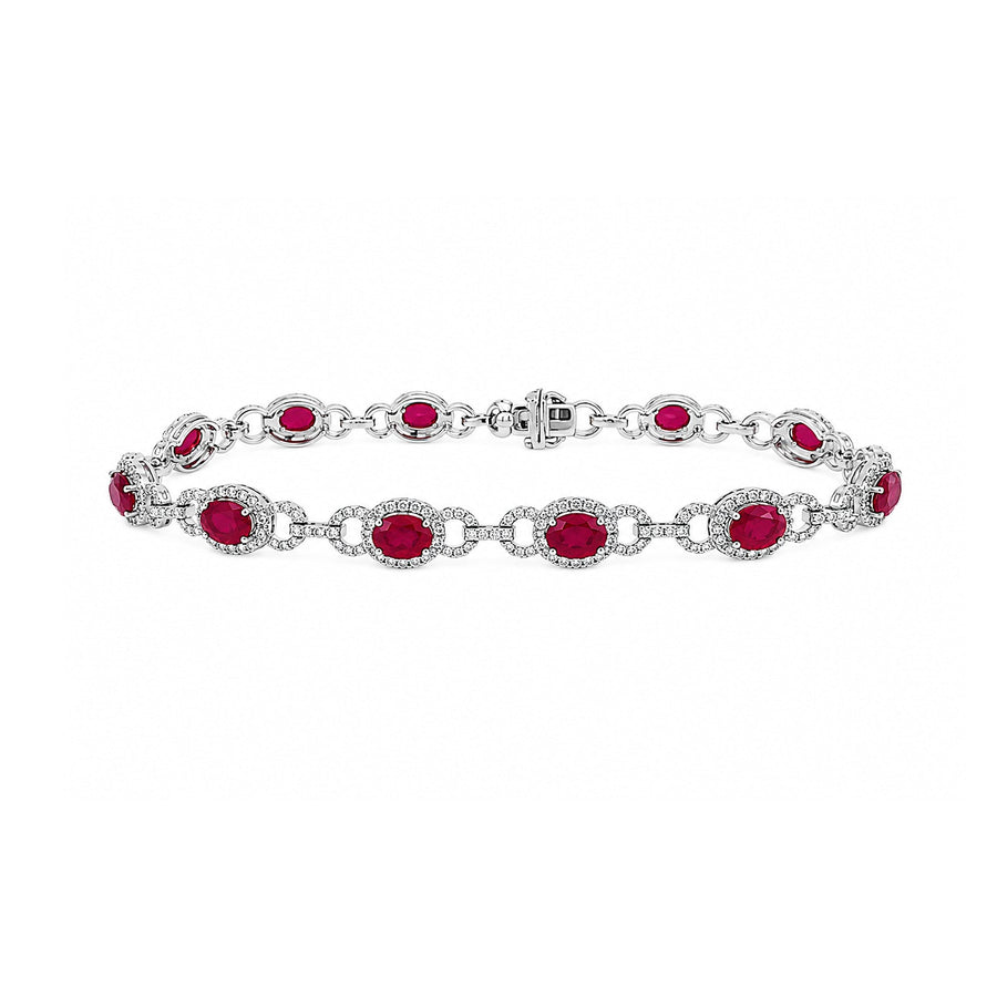 Oval Brilliant Cut Ruby and Diamond Open-Link Halo Line Bracelet