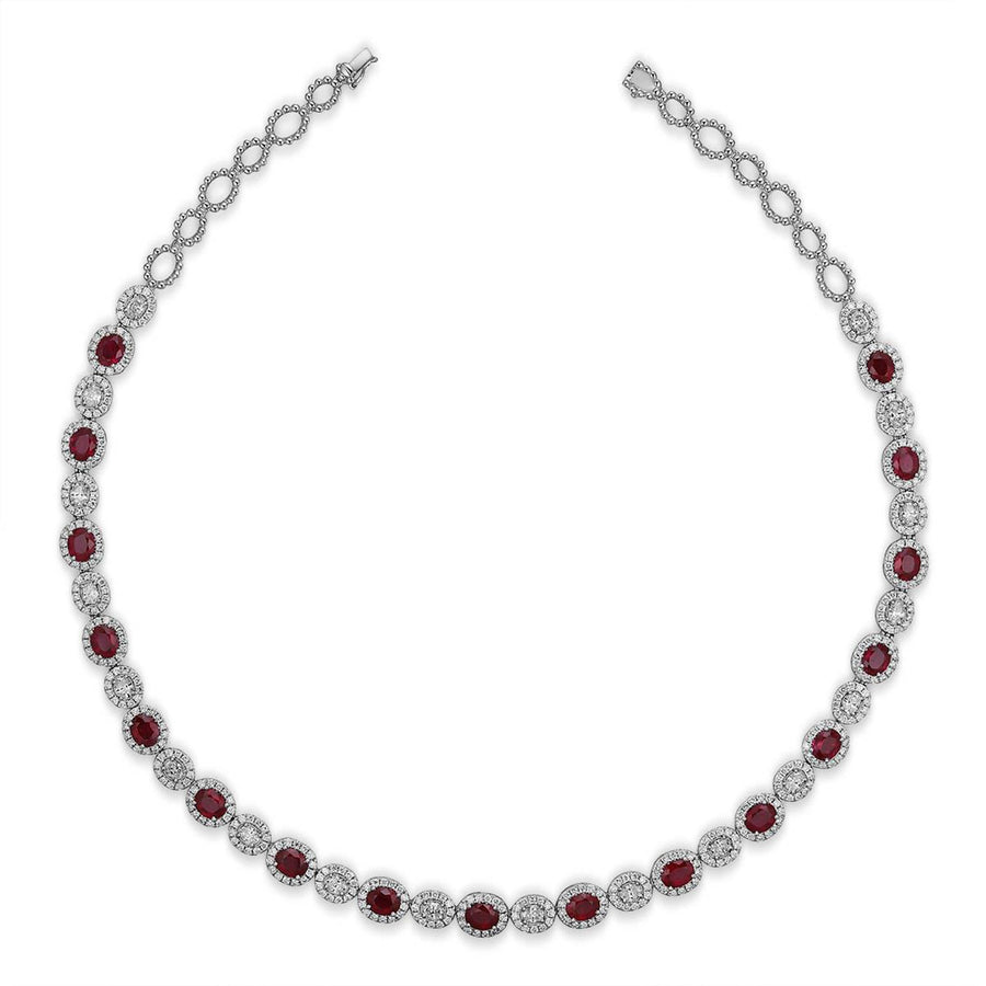 Oval Brilliant Cut Ruby and Oval Brilliant Cut Diamond Halo Necklace - RNRTJ00091