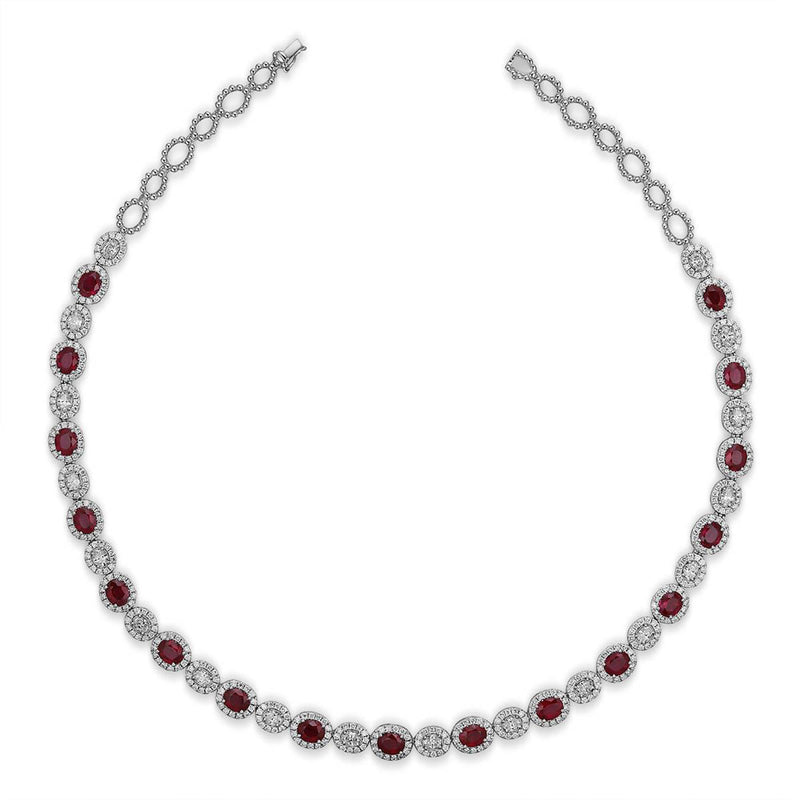 Oval Brilliant Cut Ruby and Oval Brilliant Cut Diamond Halo Necklace-Oval Brilliant Cut Ruby and Oval Brilliant Cut Diamond Halo Necklace - RNRTJ00091