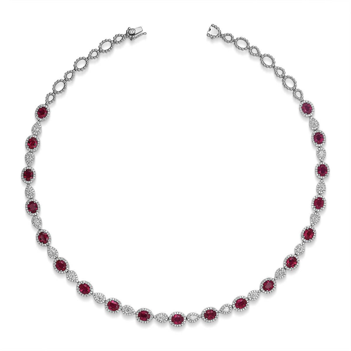 Oval Brilliant Cut Ruby and Pear Cut Diamond Halo Necklace - RNRTJ00082