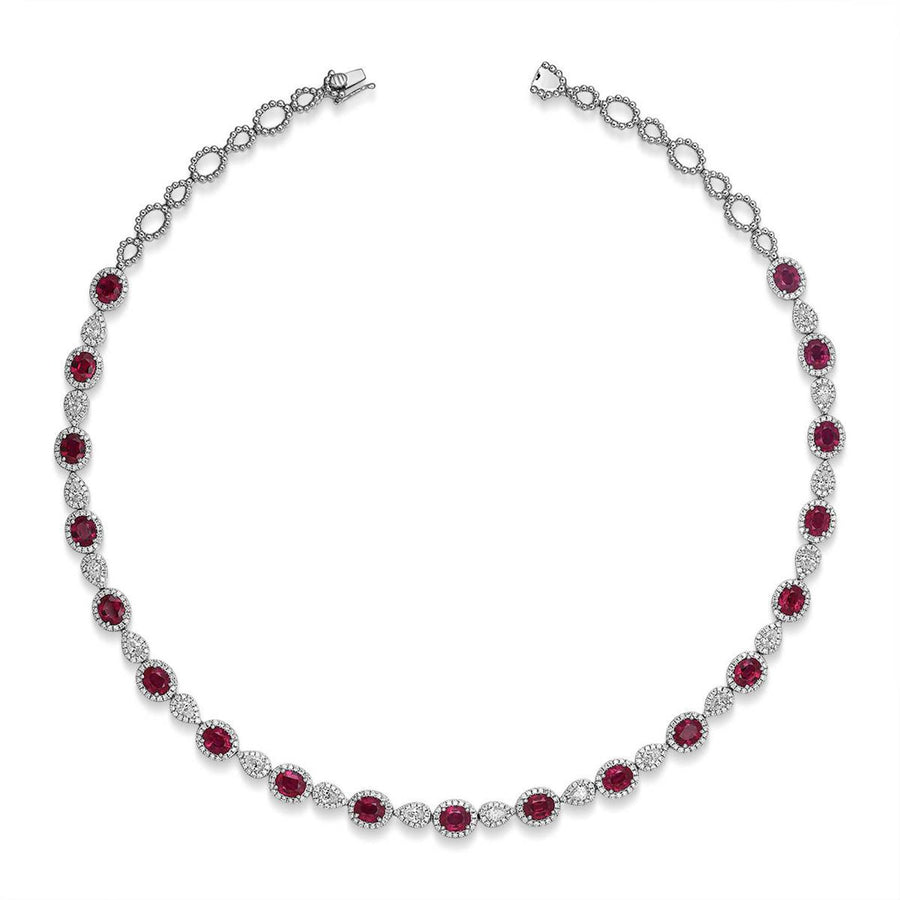 Oval Brilliant Cut Ruby and Pear Cut Diamond Halo Necklace - RNRTJ00082